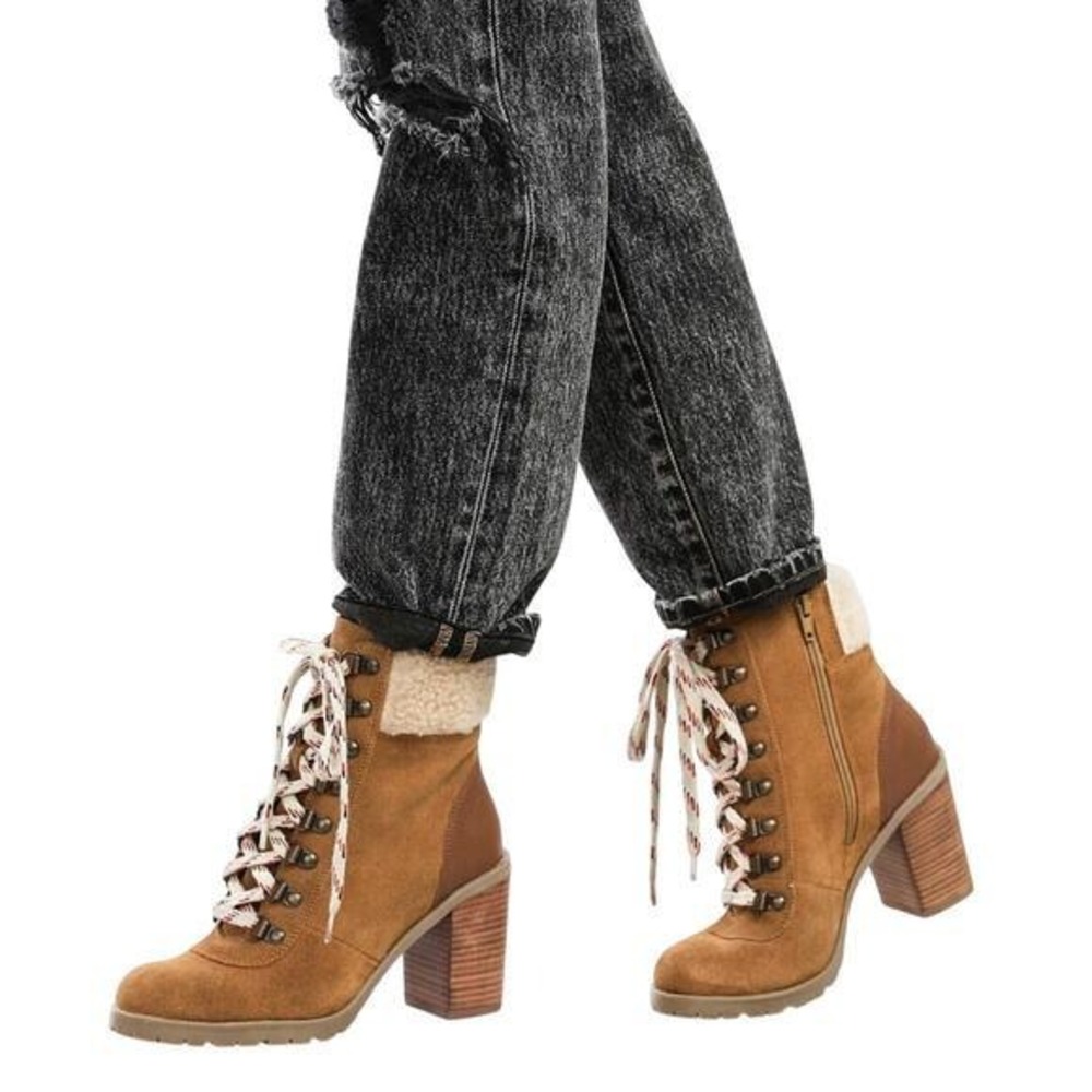 Crevo Lace-up Ankle Bootie‎ Women's 10 Joan Leather Faux Shearling Collar Y2K
